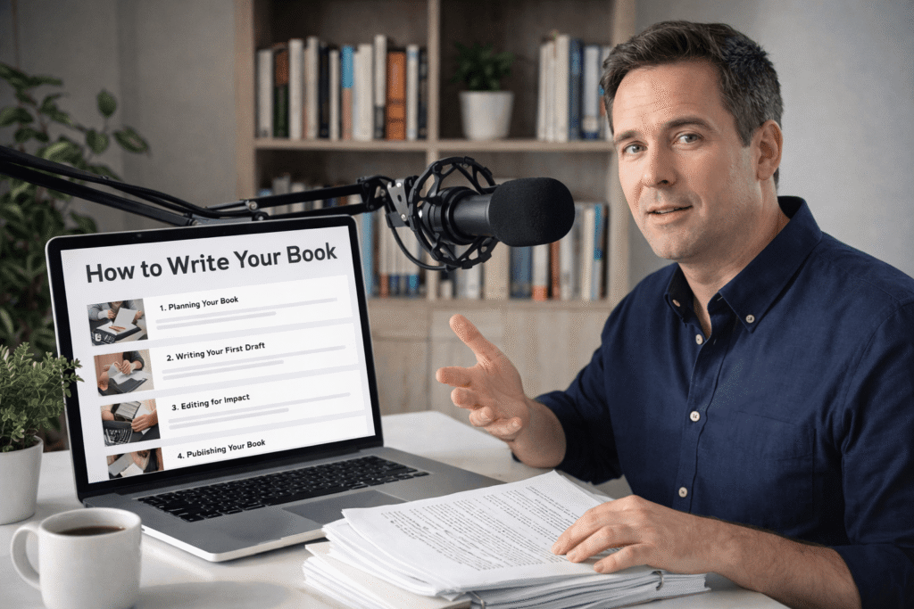 A professional-looking author sits at a desk recording an online course, speaking into a large studio microphone mounted on a boom arm. In front of him is a laptop displaying structured course modules about writing a book, including sections like planning, drafting, editing, and publishing. A stack of printed manuscript pages rests on the desk alongside a coffee mug. The background features a softly lit bookshelf and plants, creating a warm, focused, and educational atmosphere.