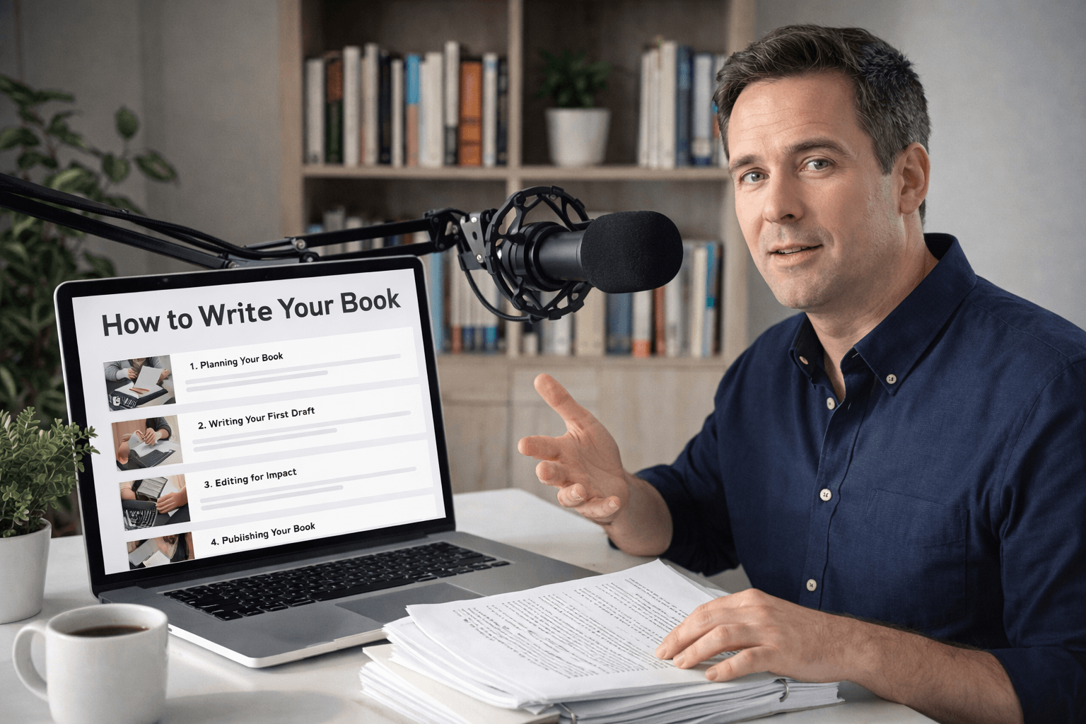 A professional-looking author sits at a desk recording an online course, speaking into a large studio microphone mounted on a boom arm. In front of him is a laptop displaying structured course modules about writing a book, including sections like planning, drafting, editing, and publishing. A stack of printed manuscript pages rests on the desk alongside a coffee mug. The background features a softly lit bookshelf and plants, creating a warm, focused, and educational atmosphere.