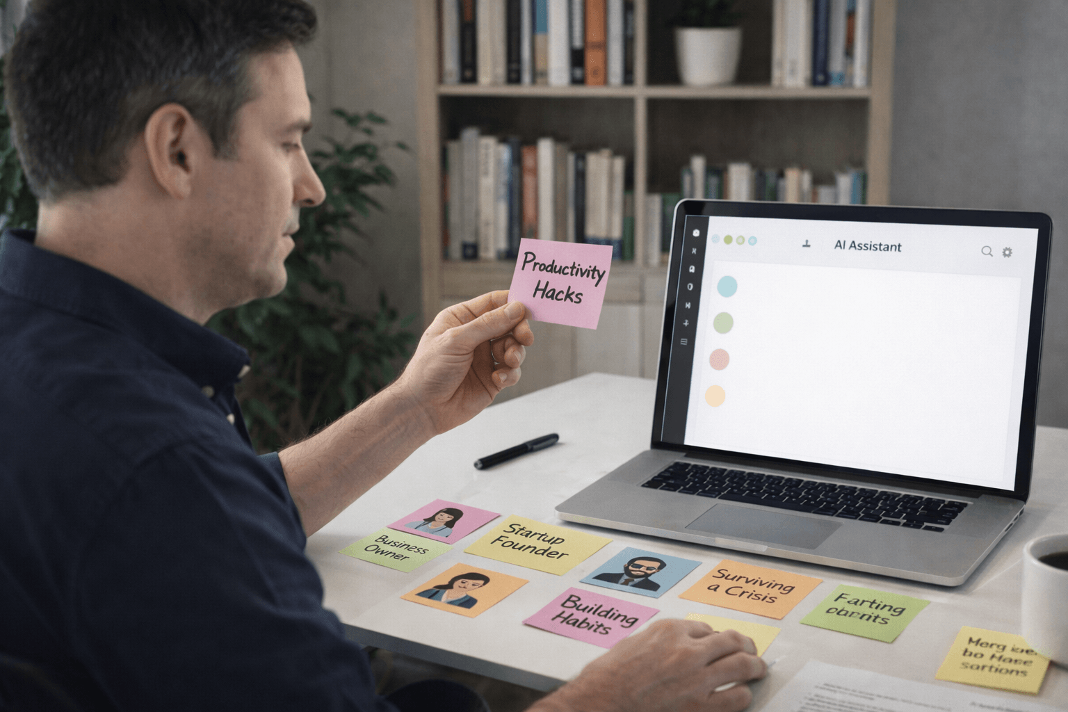 A business author sits at a clean desk reviewing colorful sticky notes with audience avatars and book topic ideas. He holds a pink note labeled “Productivity Hacks,” while other notes on the desk include “Startup Founder,” “Business Owner,” “Building Habits,” and “Surviving a Crisis.” A laptop beside him displays a minimal AI assistant dashboard with simple colored circles instead of text. The background features a tidy bookshelf and soft lighting, creating a focused and professional planning environment.