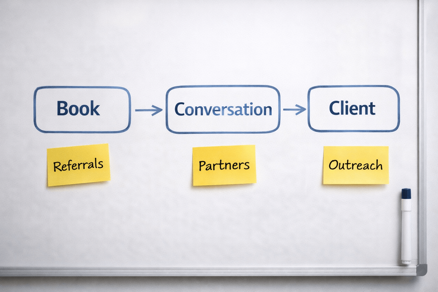 Whiteboard flowchart shows Book to Conversation to Client, with sticky notes labeled Referrals, Partners, and Outreach.