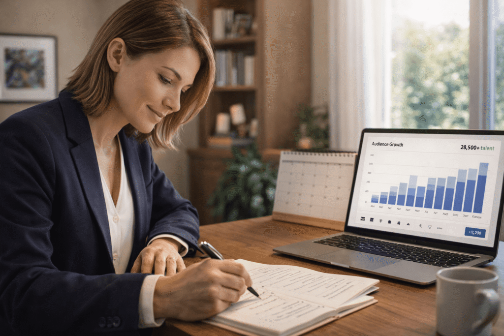 A professional woman sits at a wooden desk in a bright home office during the morning, smiling gently as she writes and edits a manuscript in an open notebook. A laptop beside her displays a clean upward-trending audience growth chart, while a desk calendar and coffee mug complete the organized workspace. Soft natural light streams through a nearby window, creating a calm, focused, and productive atmosphere.