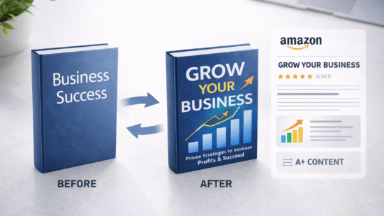 Before and after book cover mockup on a clean desk, with arrows indicating a relaunch and an Amazon listing panel showing title, reviews, and A plus content.