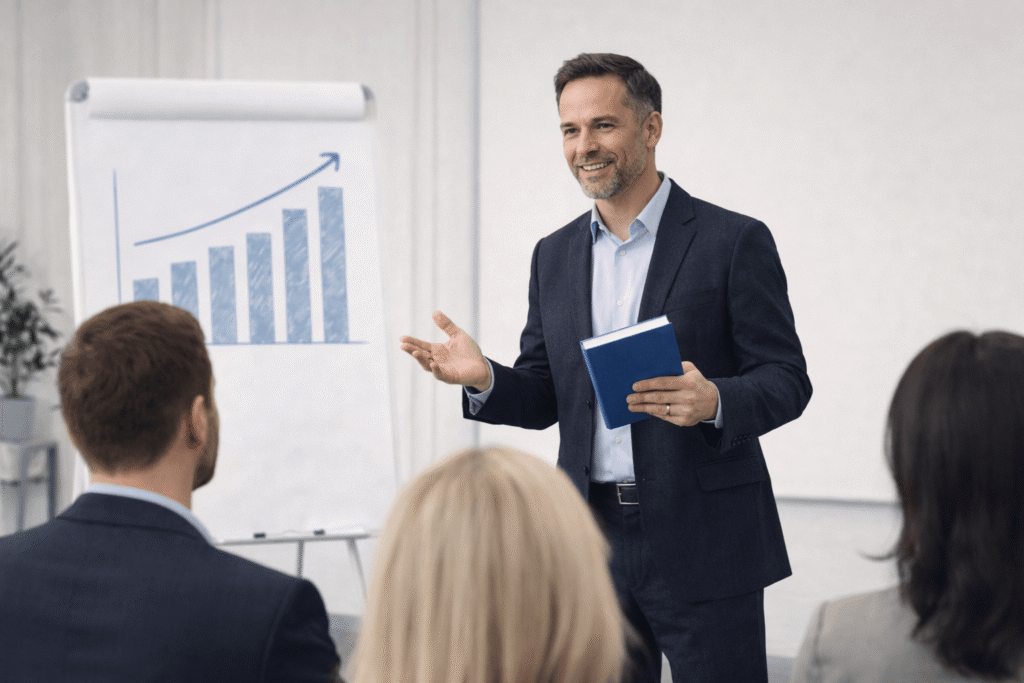 A professional author stands in a modern meeting room, speaking to a small group of attentive clients while holding a blue book. He gestures confidently as he presents, with a flip chart behind him showing an upward-trending graph. The seated audience listens closely, creating a scene that conveys authority, expertise, and client conversion in a clean, professional setting.