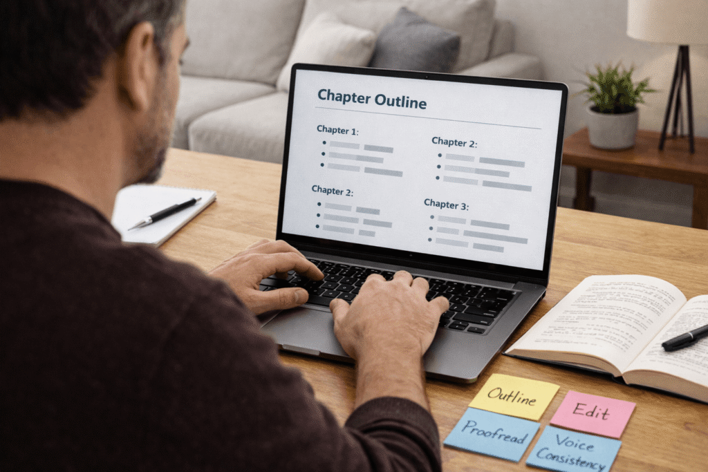 A nonfiction author sits at a wooden table in a cozy living room setting, working on a laptop displaying a chapter outline. In front of the laptop, four colorful sticky notes labeled “Outline,” “Edit,” “Proofread,” and “Voice Consistency” are neatly arranged on the table. An open book and pen rest nearby, while a sofa and soft décor in the background create a calm, focused writing environment.