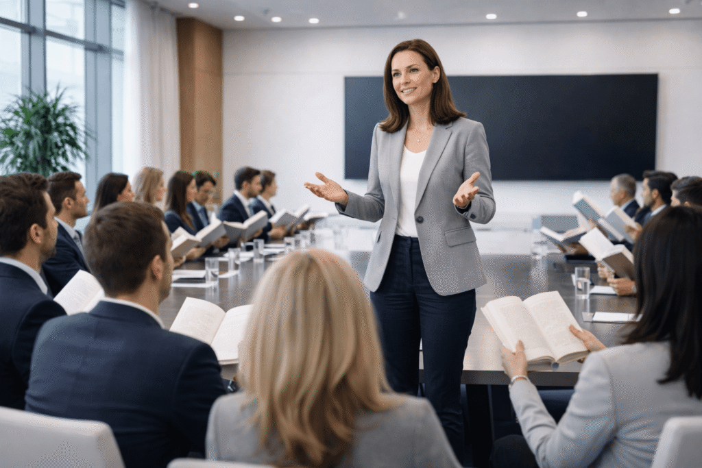 A professional woman stands at the front of a large, modern conference room, confidently speaking to a group of business professionals seated around a long table. Each attendee is holding an open, plain book with no visible title, following along as she presents. Behind her is a large screen, and the room is filled with natural light, creating a polished and authoritative atmosphere focused on learning and engagement.