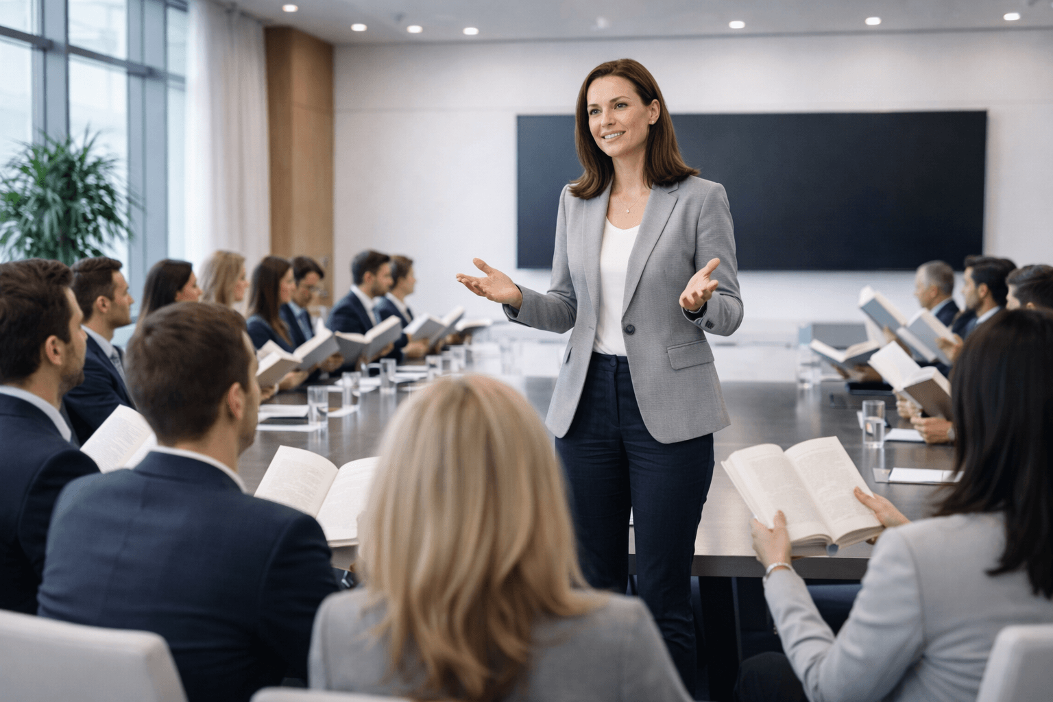 A professional woman stands at the front of a large, modern conference room, confidently speaking to a group of business professionals seated around a long table. Each attendee is holding an open, plain book with no visible title, following along as she presents. Behind her is a large screen, and the room is filled with natural light, creating a polished and authoritative atmosphere focused on learning and engagement.