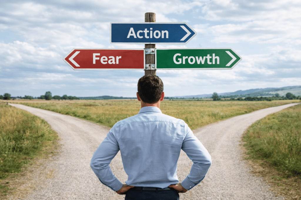 A man stands at a rural crossroads facing three directional signs labeled “Fear,” “Action,” and “Growth.” He is seen from behind with hands on his hips, contemplating which path to take. The landscape features open fields, a split dirt road, and a wide sky, symbolizing a pivotal business decision and the choice between staying safe or pursuing progress.