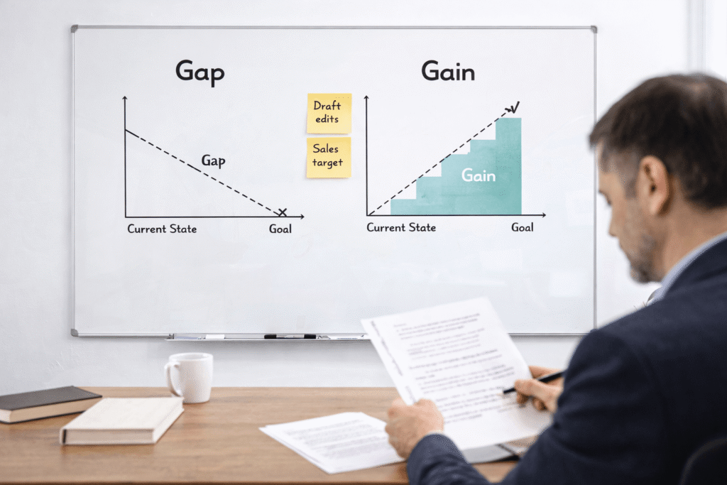 A clean, modern office scene shows a business author seated at a desk reviewing printed manuscript pages with a pen in hand. In the background, a whiteboard displays two simple charts labeled “Gap” and “Gain,” illustrating progress with a downward trend for the gap and an upward trend for the gain. A couple of sticky notes with goals are placed between the charts. The workspace is minimal and professional, with a coffee mug and books on the desk, creating a focused and strategic planning atmosphere.
