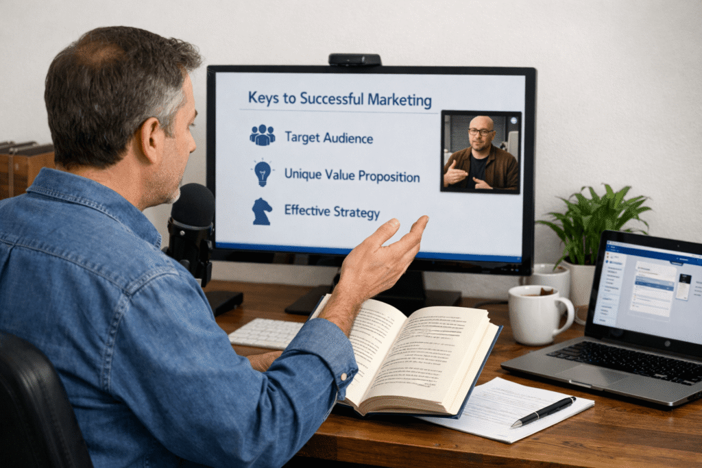 An entrepreneur sits at a wooden desk teaching an online course, facing a large monitor displaying a clean presentation about marketing strategy with icons and bullet points. He gestures toward the screen while holding an open book in his other hand, using it as a reference. A microphone is positioned in front of him, and a laptop with a dashboard is open to the side. On the monitor, a small video window shows a different instructor participating remotely. The workspace includes a notebook, pen, coffee mug, and a plant, creating a professional and focused teaching environment.