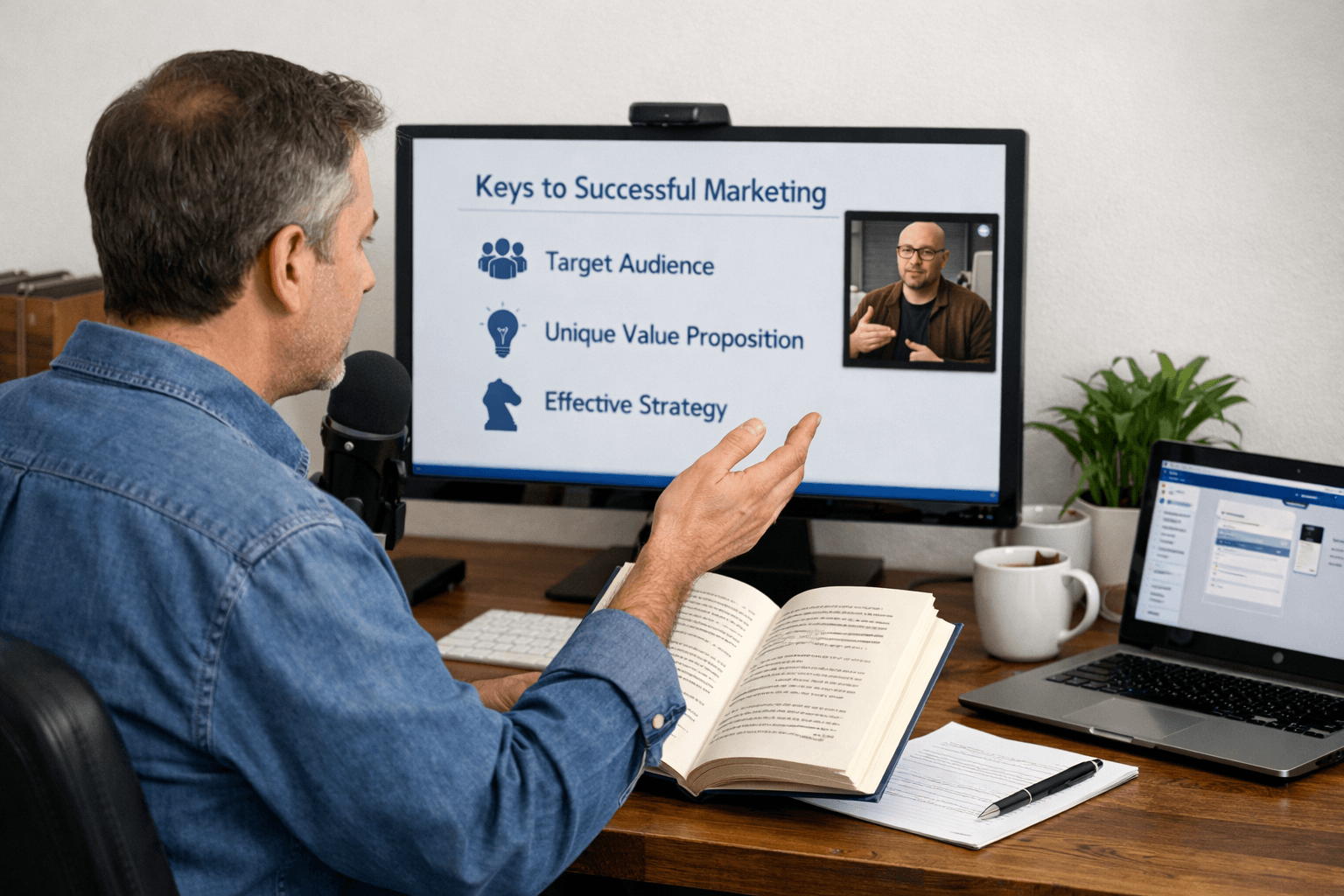 An entrepreneur sits at a wooden desk teaching an online course, facing a large monitor displaying a clean presentation about marketing strategy with icons and bullet points. He gestures toward the screen while holding an open book in his other hand, using it as a reference. A microphone is positioned in front of him, and a laptop with a dashboard is open to the side. On the monitor, a small video window shows a different instructor participating remotely. The workspace includes a notebook, pen, coffee mug, and a plant, creating a professional and focused teaching environment.