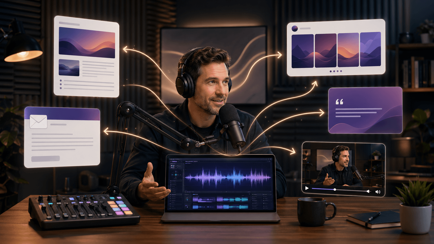 Author records a podcast in a professional studio while the episode branches into a blog page, email draft, social carousel, quote graphic, and short video.