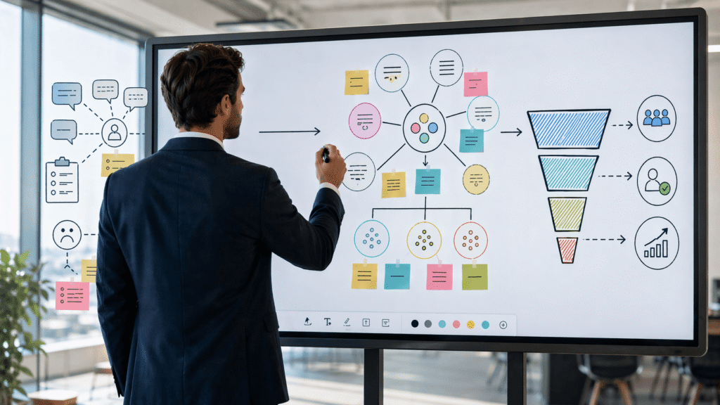 Over the shoulder view of a business professional mapping a content strategy on a large digital monitor, connecting customer insights to content themes and a funnel leading to conversions.