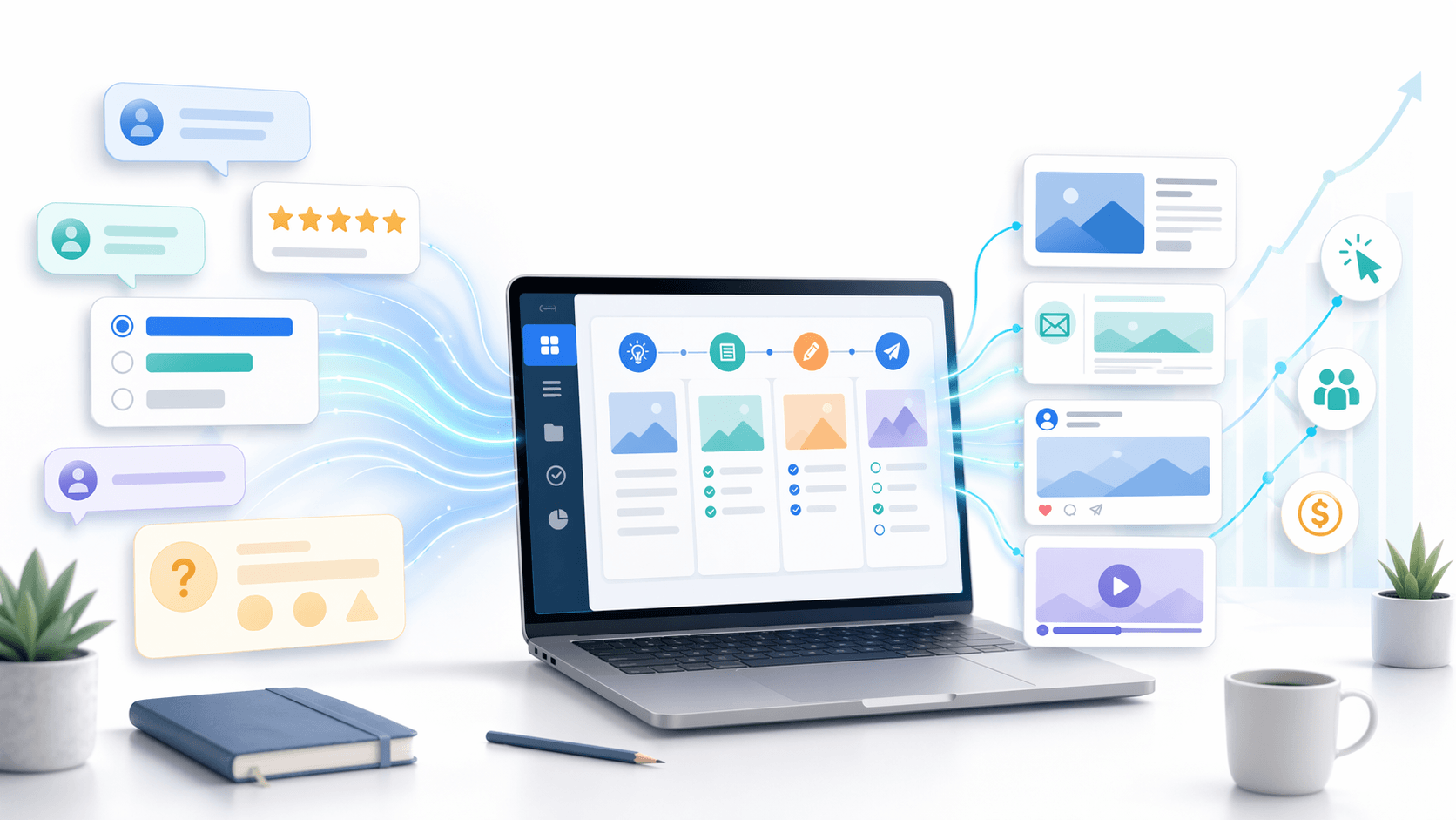 Clean editorial style featured image showing audience feedback cards flowing into a laptop, then turning into content outputs like a blog post, email, social post, and video, with a subtle growth chart in the background.
