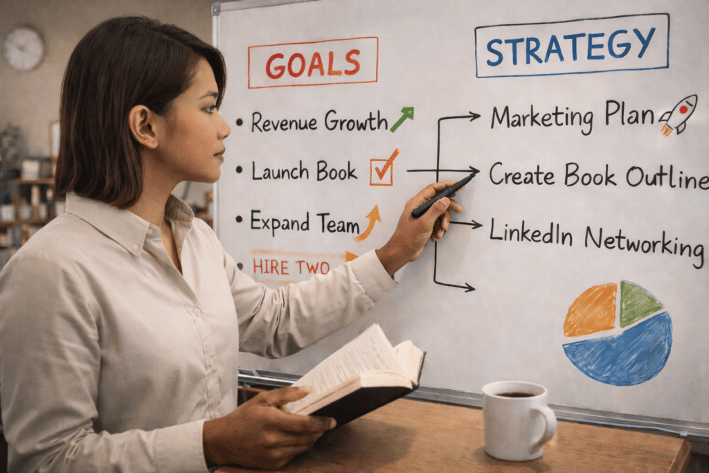 A Filipino woman stands beside a whiteboard in a professional setting, looking directly at it while holding a marker and an open book. She appears focused as she points to strategy notes and goal sections on the board. Her skin tone is consistent across her face and hands. A coffee mug sits on the table below, and the scene conveys planning, clarity, and business strategy.