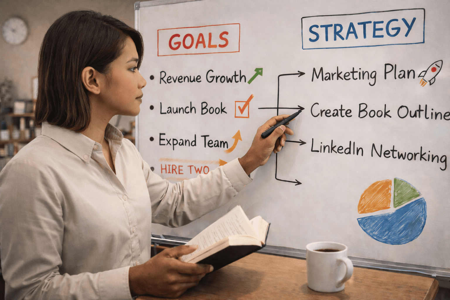 A Filipino woman stands beside a whiteboard in a professional setting, looking directly at it while holding a marker and an open book. She appears focused as she points to strategy notes and goal sections on the board. Her skin tone is consistent across her face and hands. A coffee mug sits on the table below, and the scene conveys planning, clarity, and business strategy.