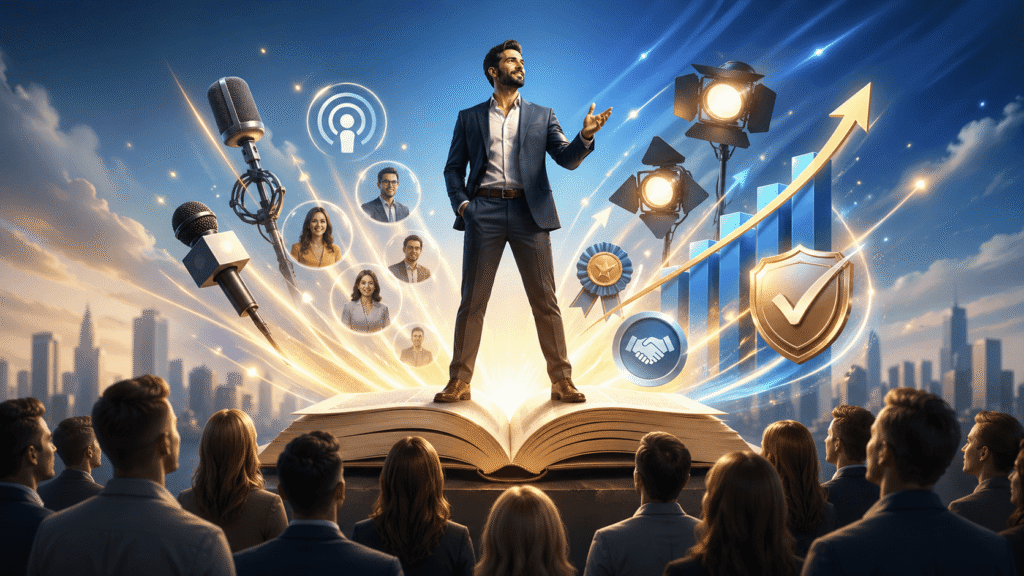 Confident entrepreneur stands on an open book like a stage, surrounded by audience members and rising symbols of authority such as microphones, podcast icons, trust badges, client avatars, and a growth chart.