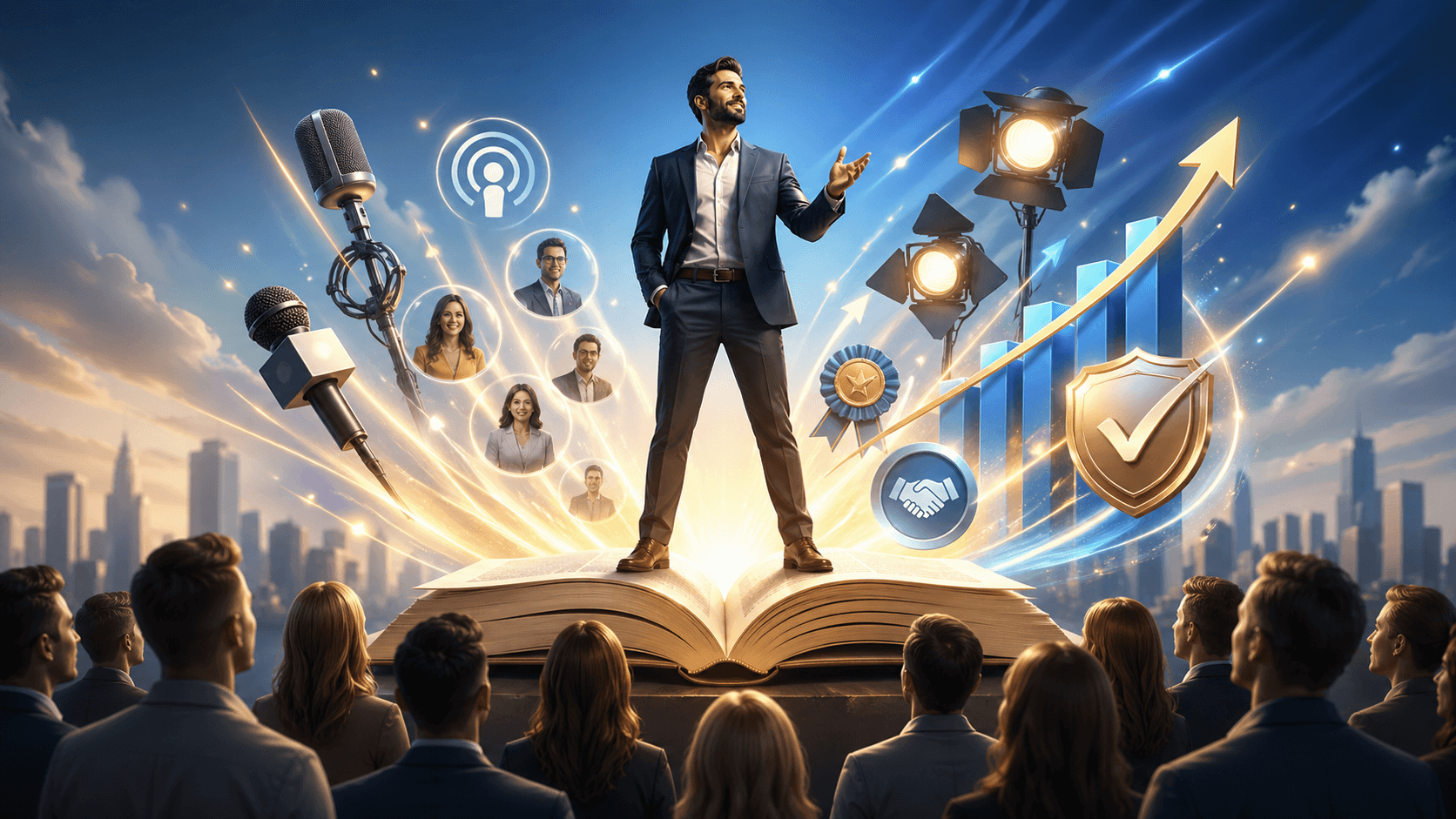 Confident entrepreneur stands on an open book like a stage, surrounded by audience members and rising symbols of authority such as microphones, podcast icons, trust badges, client avatars, and a growth chart.