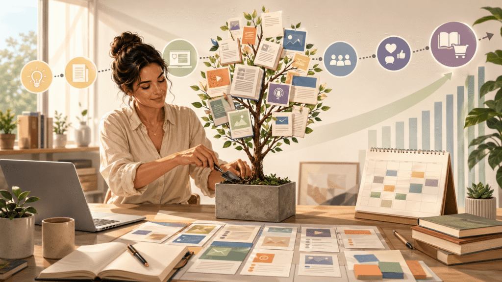 Author tending a small tree made of content pages at a desk, with a laptop, planner, and a visual timeline showing content growth, audience engagement, and book sales.