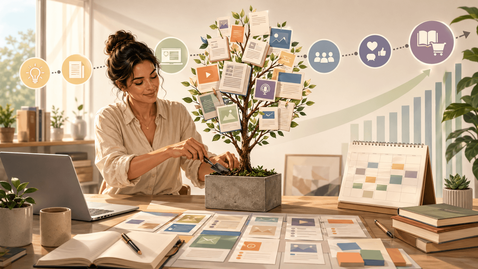 Author tending a small tree made of content pages at a desk, with a laptop, planner, and a visual timeline showing content growth, audience engagement, and book sales.