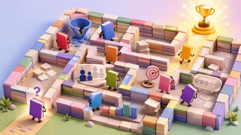 Playful 3D book maze where colorful self published books wander toward a glowing trophy, with broken strategy icons showing why most get lost.
