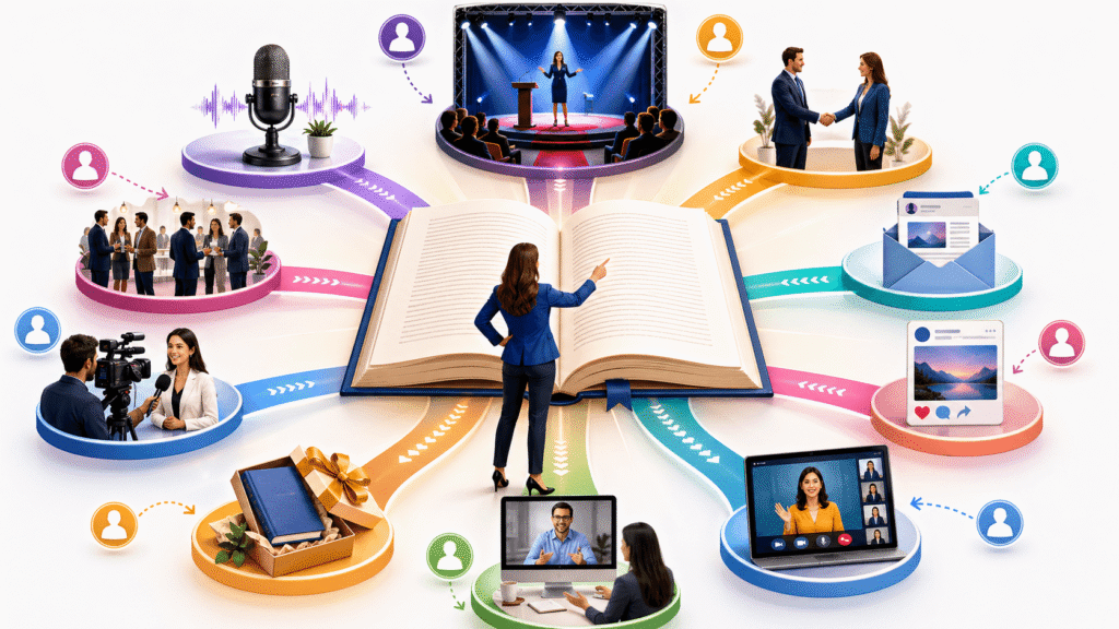 Bright editorial illustration of a large open book sending out ten colorful pathways to client generating activities like podcasting, speaking, networking, email, social media, webinars, interviews, consultations, gifting books, and handshakes, with an entrepreneur standing at the center.