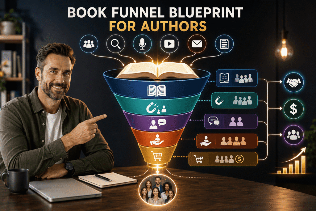 A professional author explaining a book funnel blueprint, with a glowing funnel connected to audience, content, engagement, offers, sales, and business growth icons.