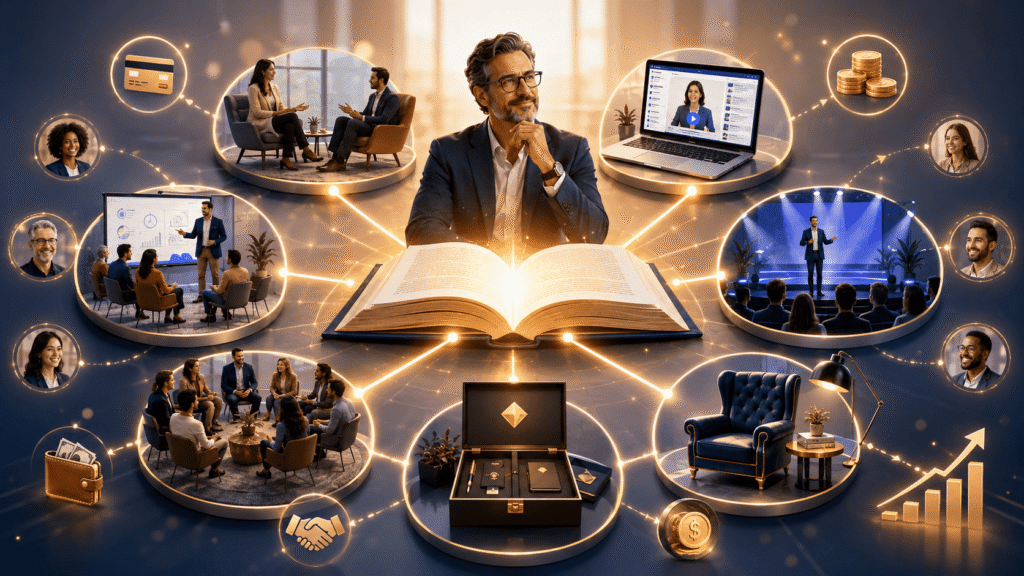 Confident expert sits behind a large open book as connected business offers radiate outward in a glowing circle, with client icons, payment symbols, and growth markers around the edge.
