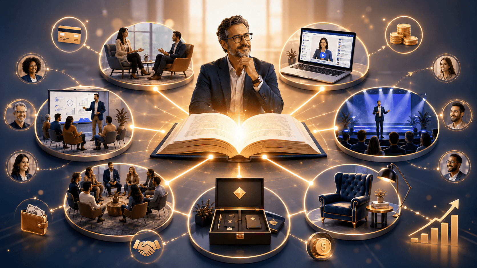 Confident expert sits behind a large open book as connected business offers radiate outward in a glowing circle, with client icons, payment symbols, and growth markers around the edge.