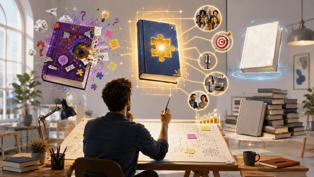 Author planning the right book concept in a modern studio, with one strategic book connected to audience targeting, marketing, clients, and business growth while other book ideas appear unclear or disconnected.