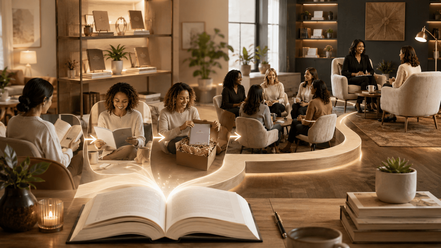 Warm upscale coaching studio where an open book leads along a glowing path through a workbook, welcome gift box, group discussion, and a final one on one coaching conversation.