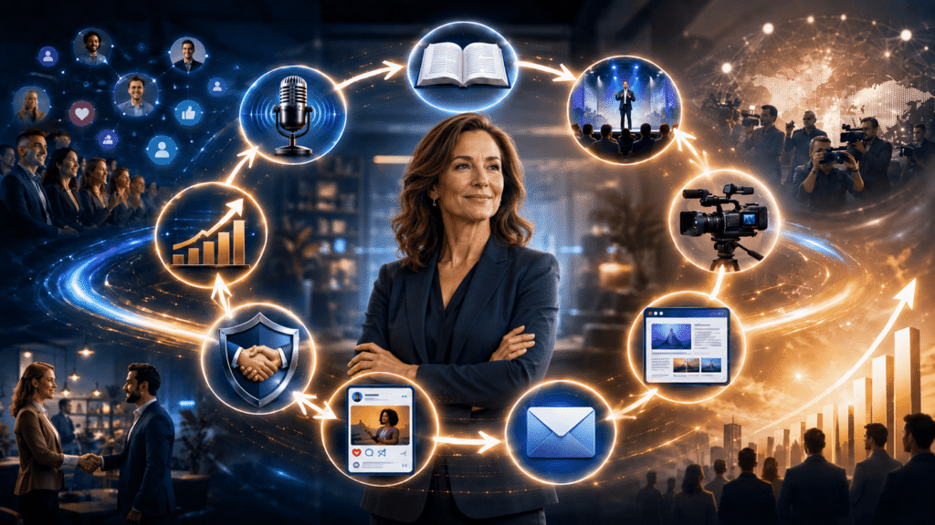 Confident female expert stands at the center of a glowing authority loop, surrounded by connected content and visibility icons such as a book, microphone, speaking stage, camera, blog page, email, social post, trust badge, and growth chart.