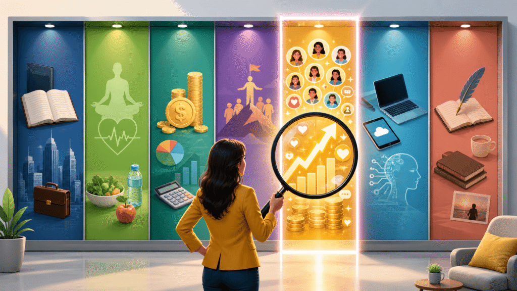Writer studies a colorful niche marketplace wall with a magnifying glass, selecting one glowing lane that shows audience demand, growth, and earning potential.