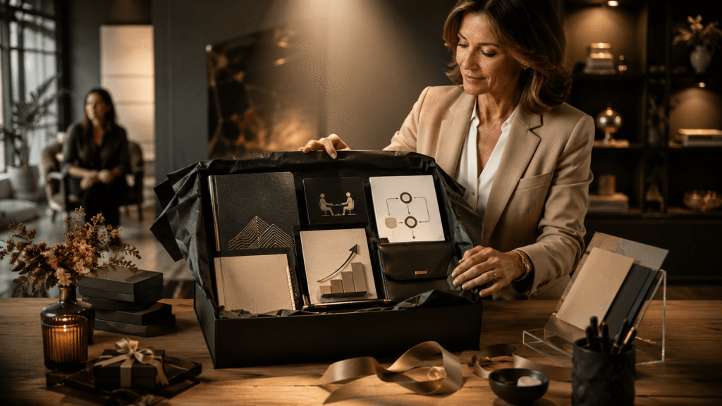 Coach assembles a premium offer gift box on a workshop table, filled with a book and polished materials, with a waiting client in the background and a soft spotlight highlighting the box.