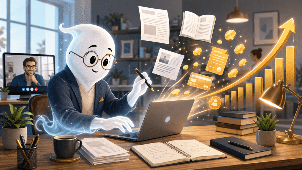 Playful business themed illustration of a friendly ghostwriter at a desk, typing on a laptop as pages turn into coins, invoices, and a rising income chart.