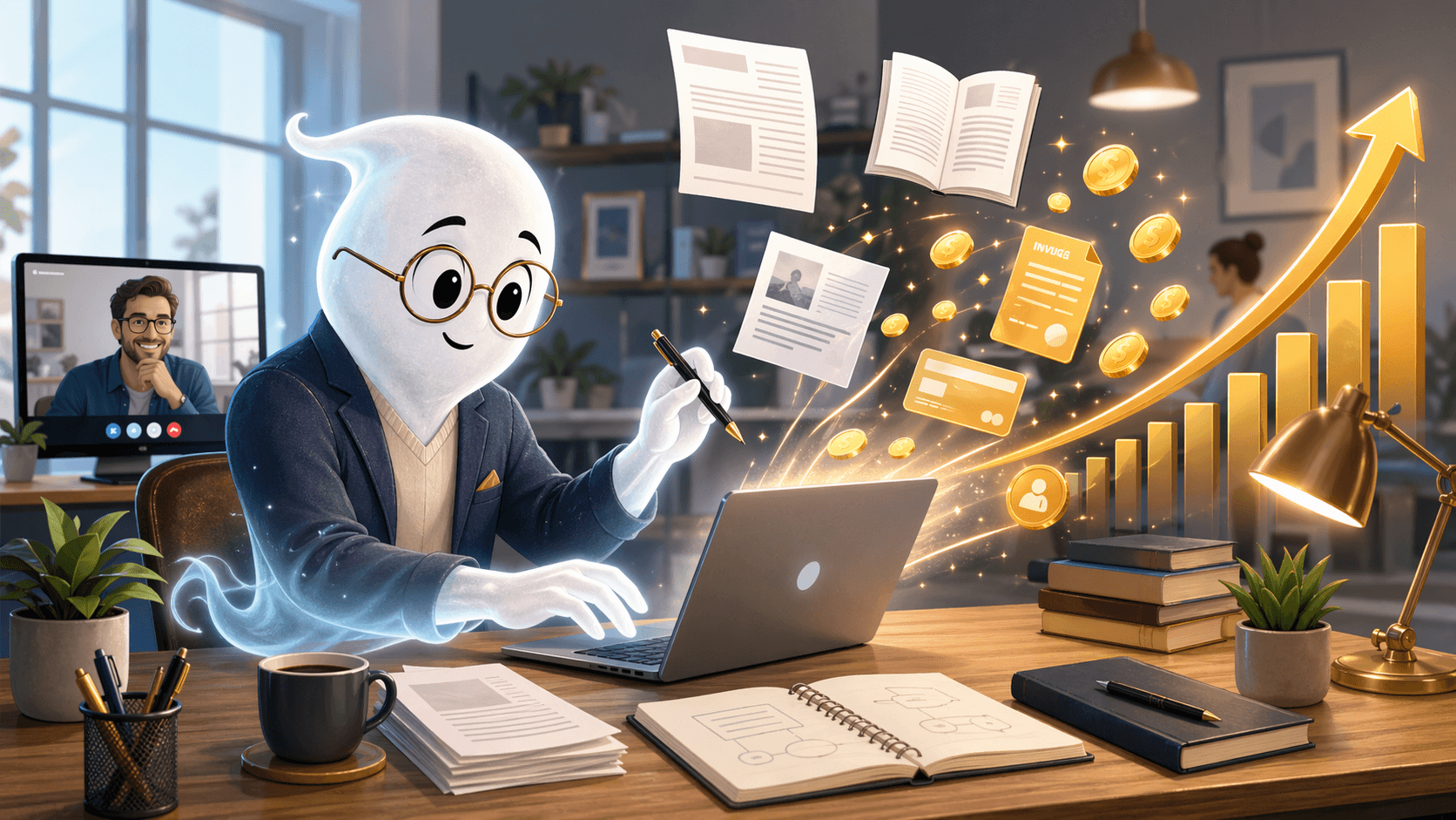 Playful business themed illustration of a friendly ghostwriter at a desk, typing on a laptop as pages turn into coins, invoices, and a rising income chart.