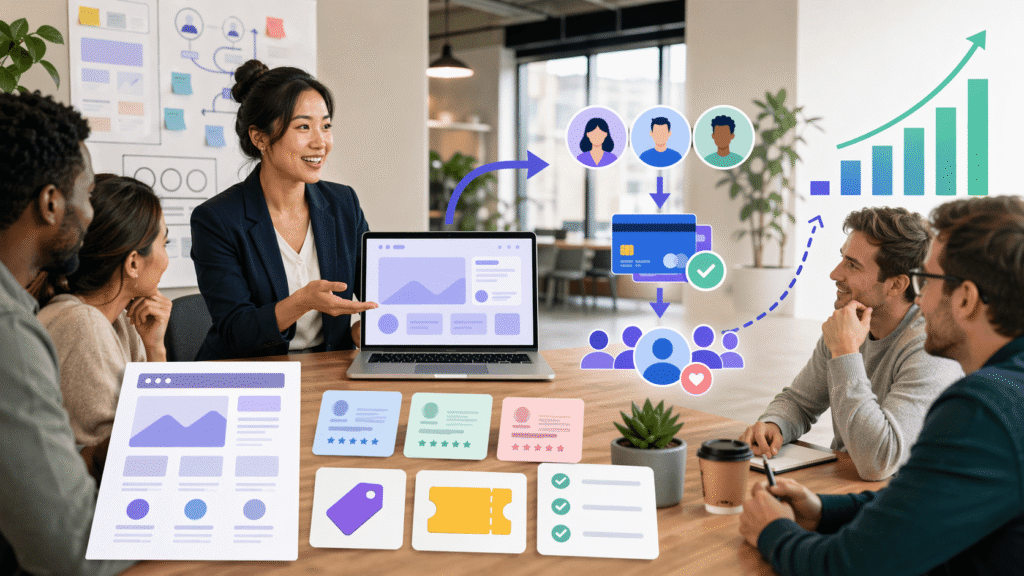 Modern startup workshop scene showing a business professional presenting a prototype offer on a laptop to a small group, with visual elements for customer feedback, pricing, first buyers, payments, and growth.