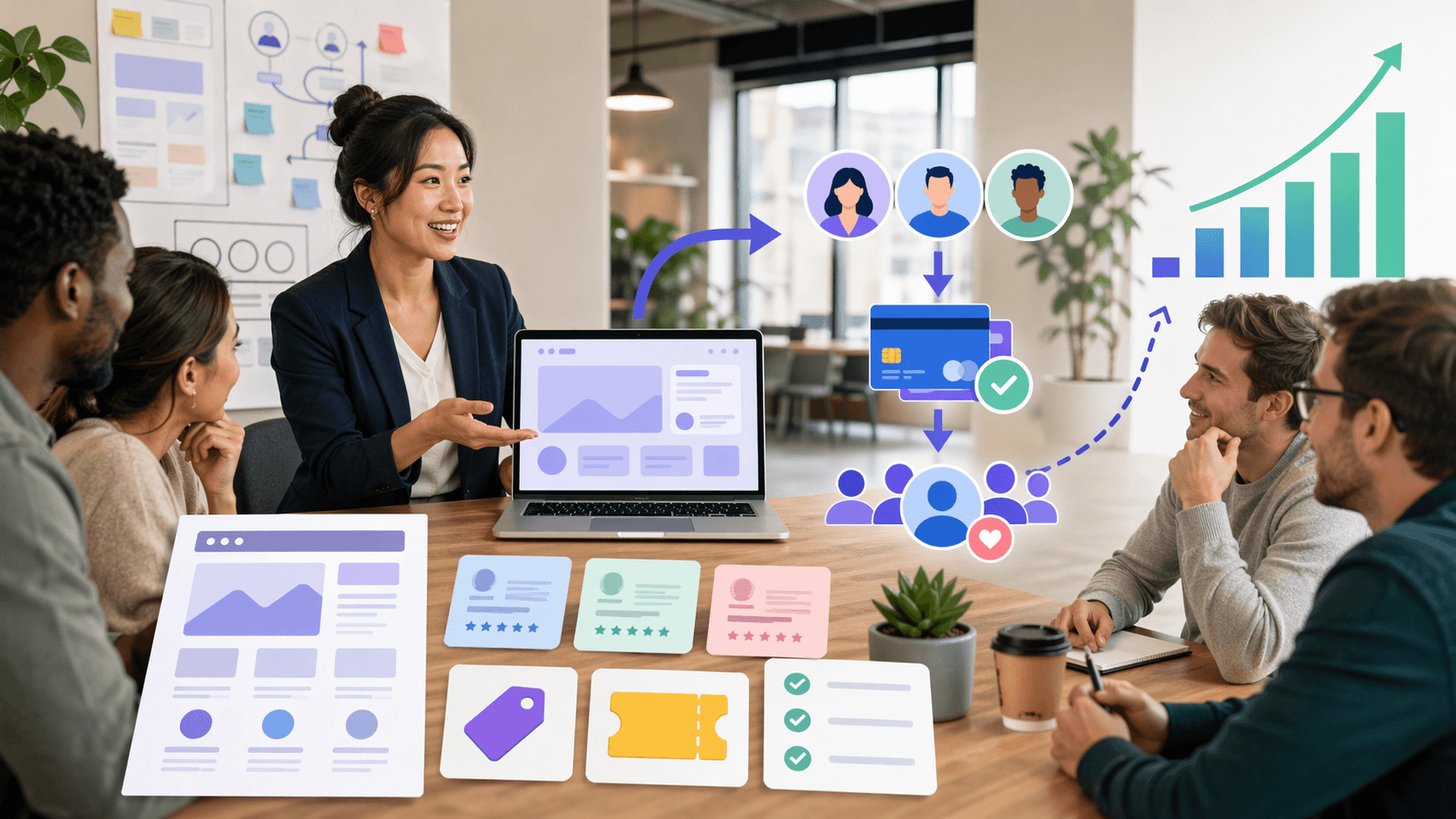 Modern startup workshop scene showing a business professional presenting a prototype offer on a laptop to a small group, with visual elements for customer feedback, pricing, first buyers, payments, and growth.