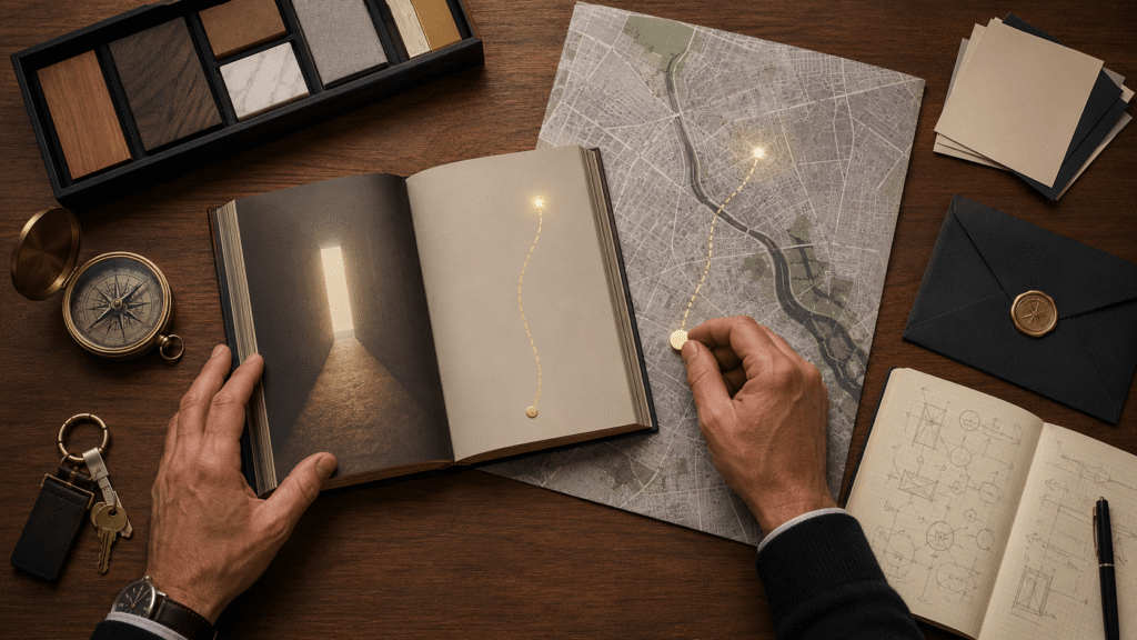Top down desk scene with an open book and a city map, where an entrepreneur’s hands move a small marker along a dotted route toward a glowing destination, surrounded by a compass, keys, a sealed envelope, a prototype sample box, and a notebook.