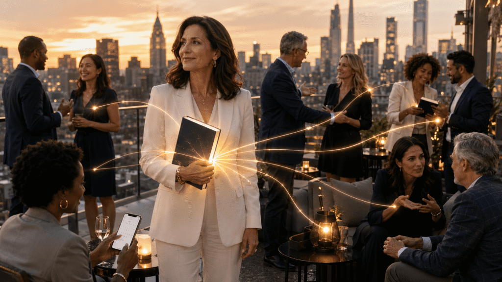 Rooftop networking at golden hour where a confident female author holds a glowing book that sends soft connection lines to small groups making introductions, scheduling meetings, sharing the book, and having client conversations.