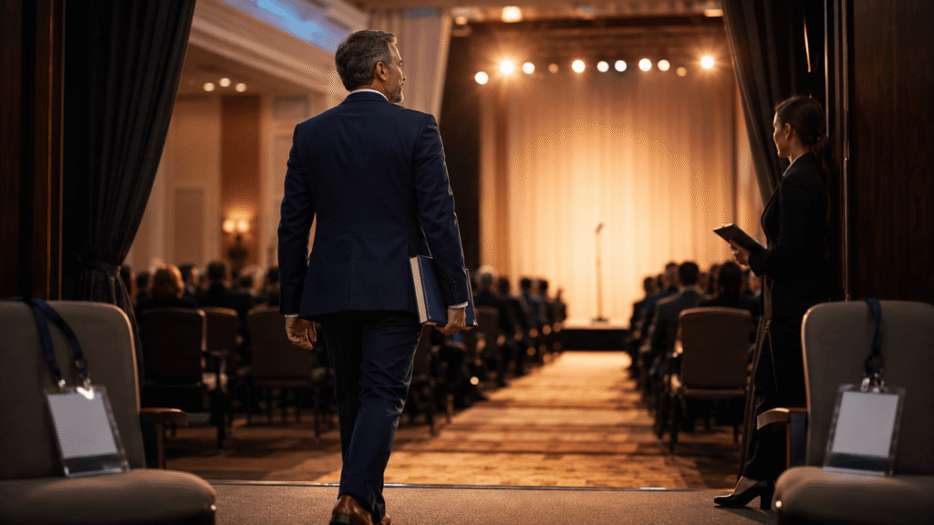 Expert walks down a conference hall aisle holding a book like a credential, heading toward a warmly lit stage with a microphone, while a stage manager with a clipboard waits nearby.