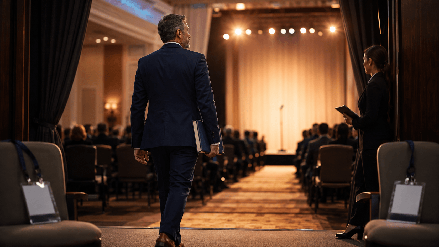 Expert walks down a conference hall aisle holding a book like a credential, heading toward a warmly lit stage with a microphone, while a stage manager with a clipboard waits nearby.