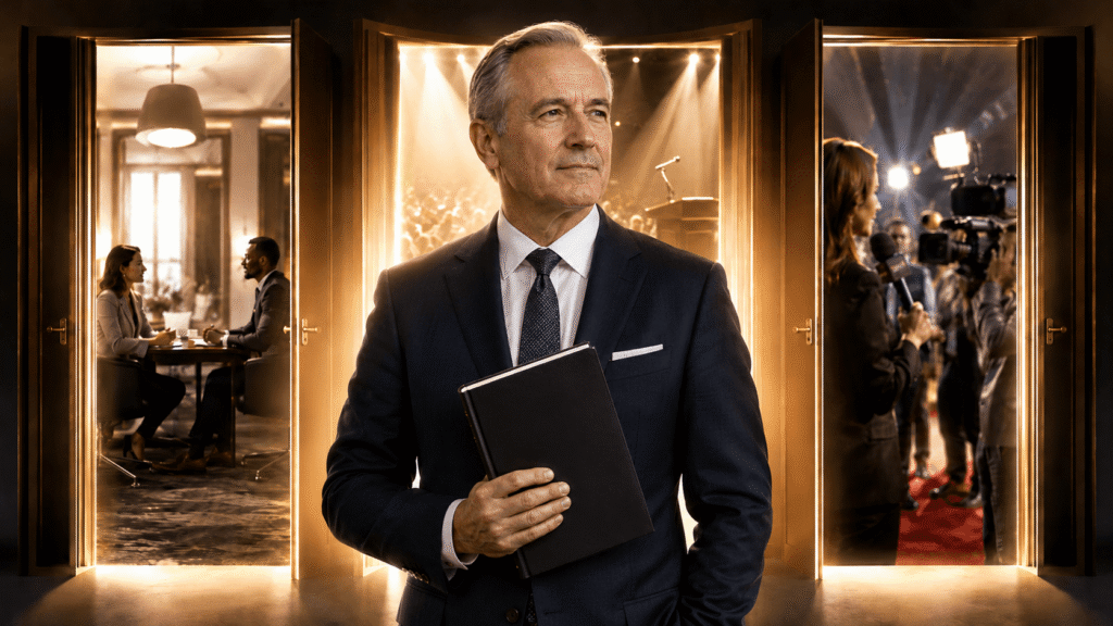 Cinematic conference scene of a 60 year old business man in a suit holding a book, standing before three glowing doorways that lead to a client meeting, a speaking stage, and a media interview.