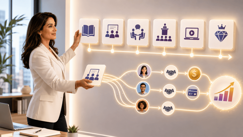 Expert consultant stands in front of a glowing offer wall, arranging icons for different offers into a path that leads to clients, payments, and business growth.
