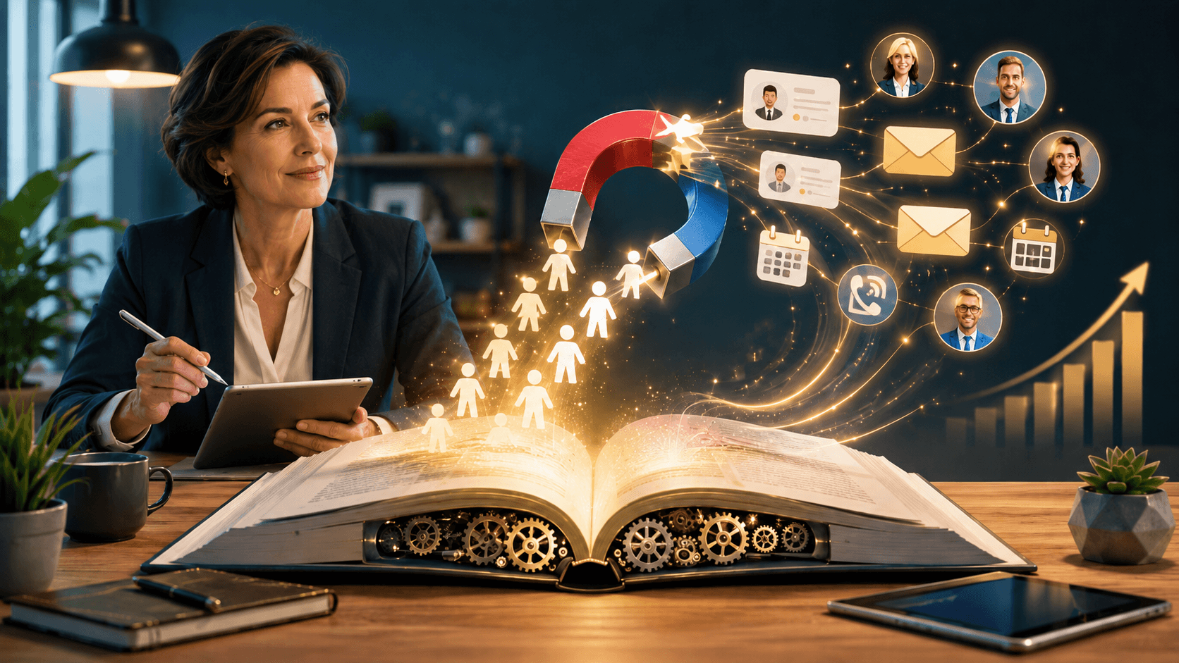 Open book on a desk sends glowing reader icons through a magnet shaped gateway that turns them into lead icons like contacts, emails, calendar calls, and client profiles, guided by a confident female expert with a tablet.