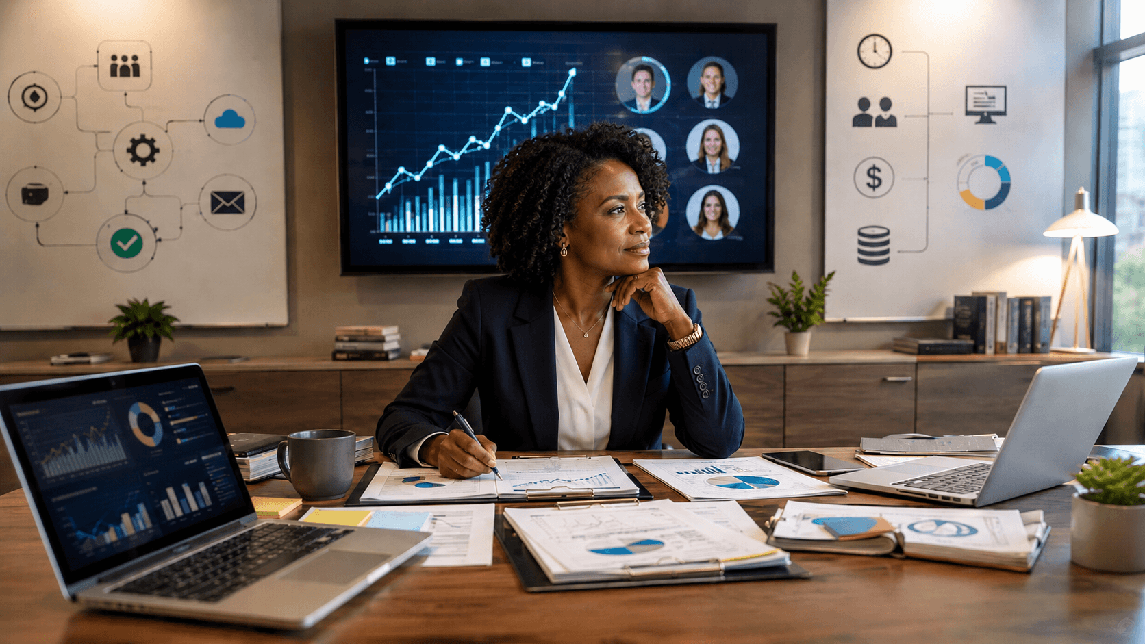 Black female coach reviews a scaling plan at a conference table with dashboards, financial reports, calendars, and client files, while a wall screen shows growth and workflow icons.