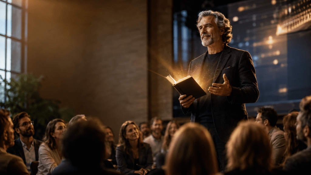 Charismatic older entrepreneur on stage holds an open book that glows warmly as a captivated audience watches and listens in a premium seminar setting.