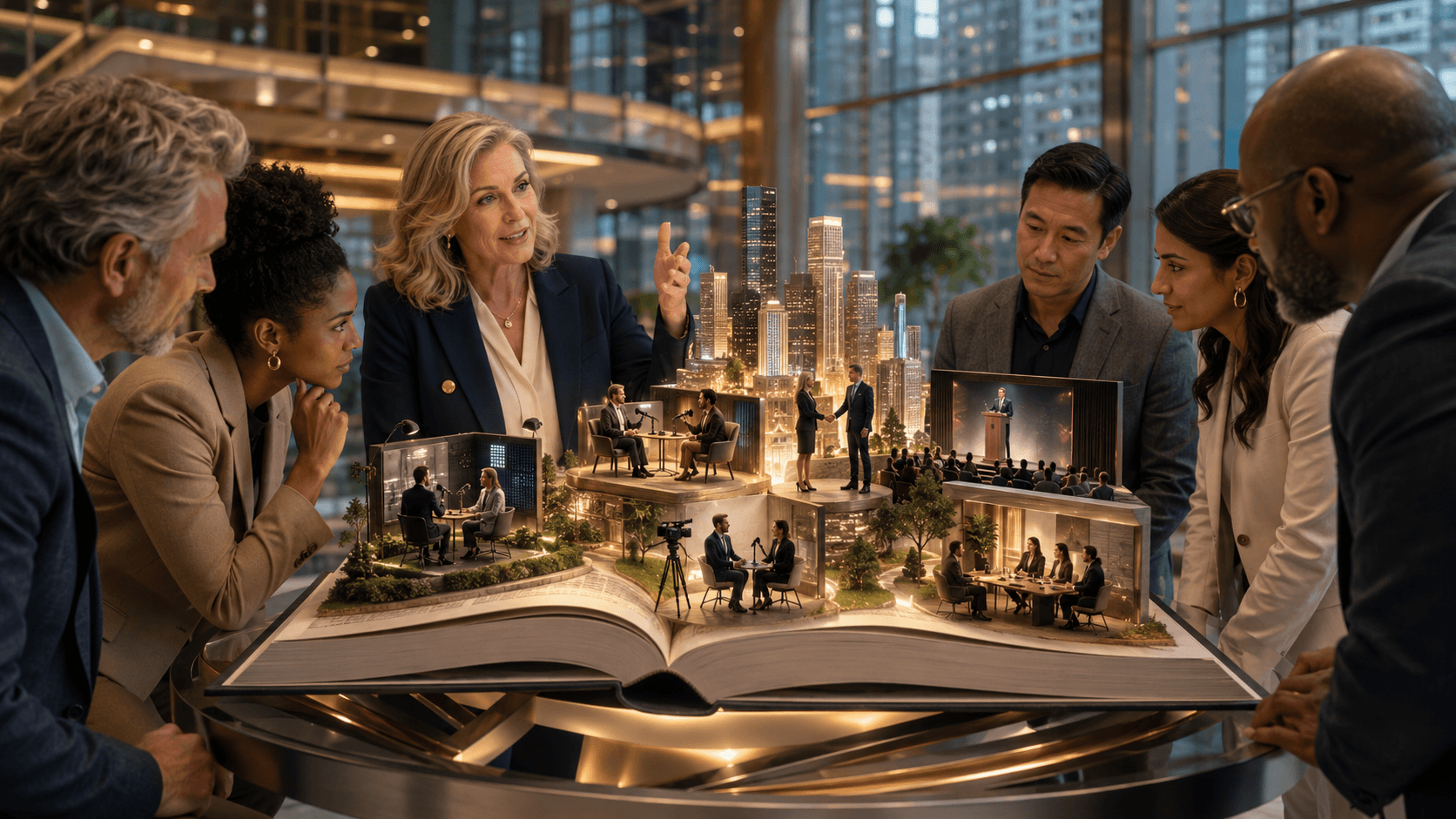 Female business author stands beside a giant open book in a glass atrium while a miniature city of business opportunities rises from its pages and a group of decision makers leans in to explore it.