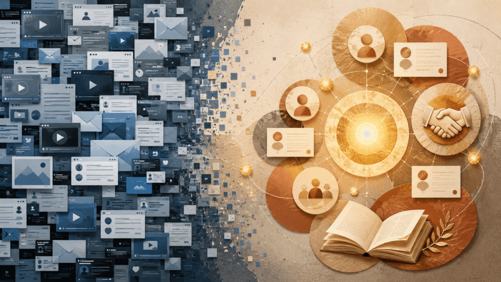 Abstract split design showing a crowded blue gray wall of repeating content tiles on the left, and a warm connected trust network on the right with a glowing center, a book, testimonial cards, and a handshake icon.