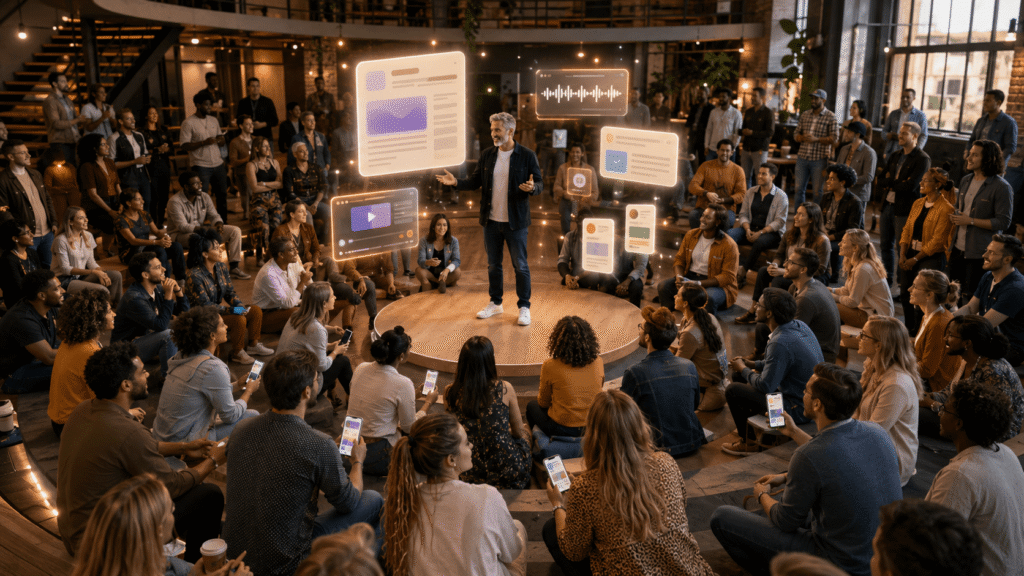 In a modern loft studio, a content creator stands on a circular stage while softly glowing content panels float around them and a large audience forms concentric rings, many people holding phones to save and share.