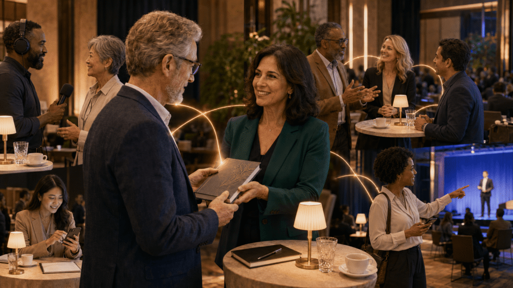 Female author in an emerald blazer hands a book to a gray haired decision maker in a warm networking lounge, while glowing lines connect that moment to a podcast introduction, a meeting being scheduled, a conversation circle, and a speaking opportunity.